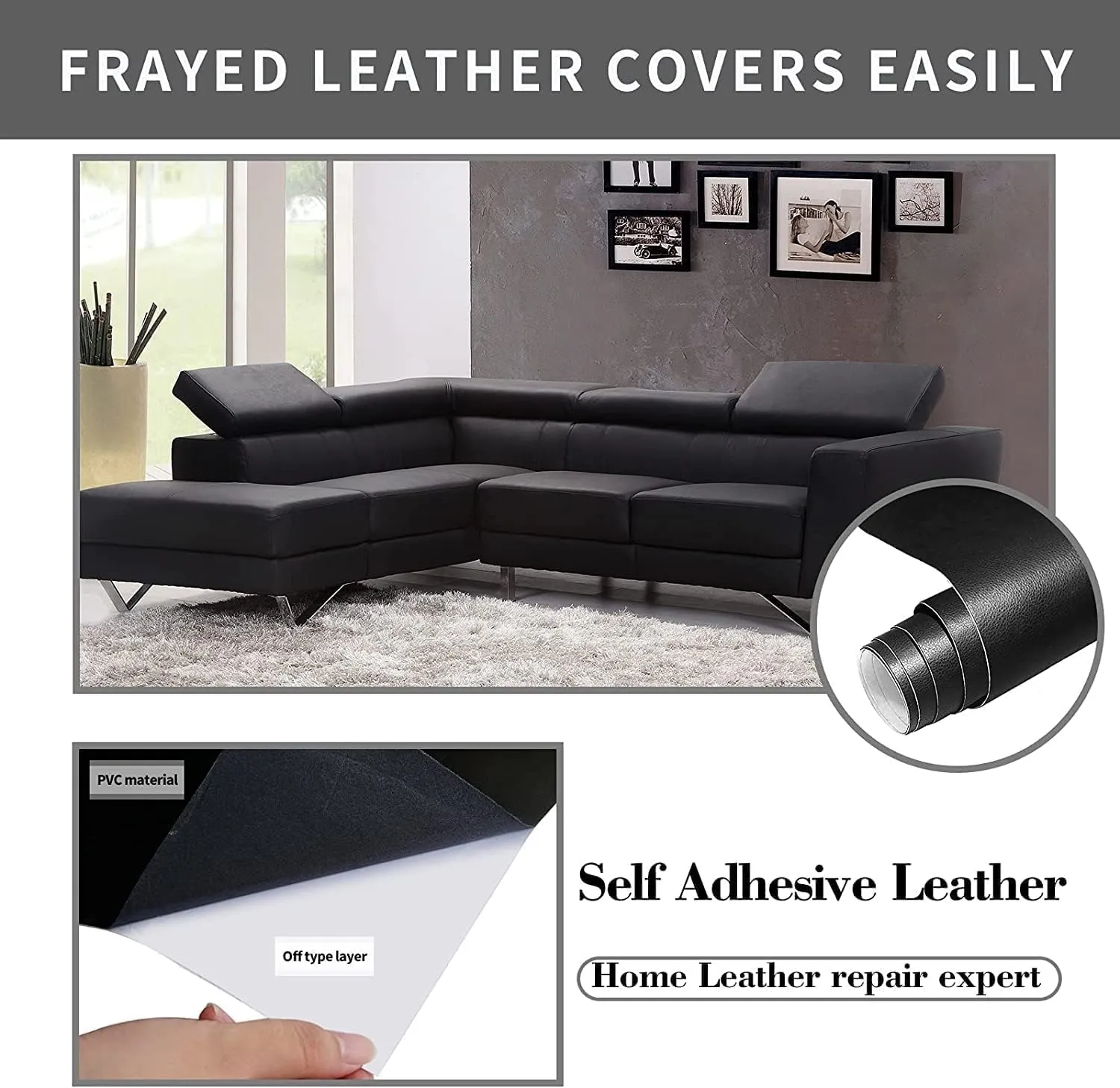 Leather Repair Patch, 17X79 Inch Self Adhesive Leather Repair, Large Vinyl Patch Tape for Couches, Furniture, Car Seats, Cabinets, Wall, Handbags （Black, 17X79 Inch）