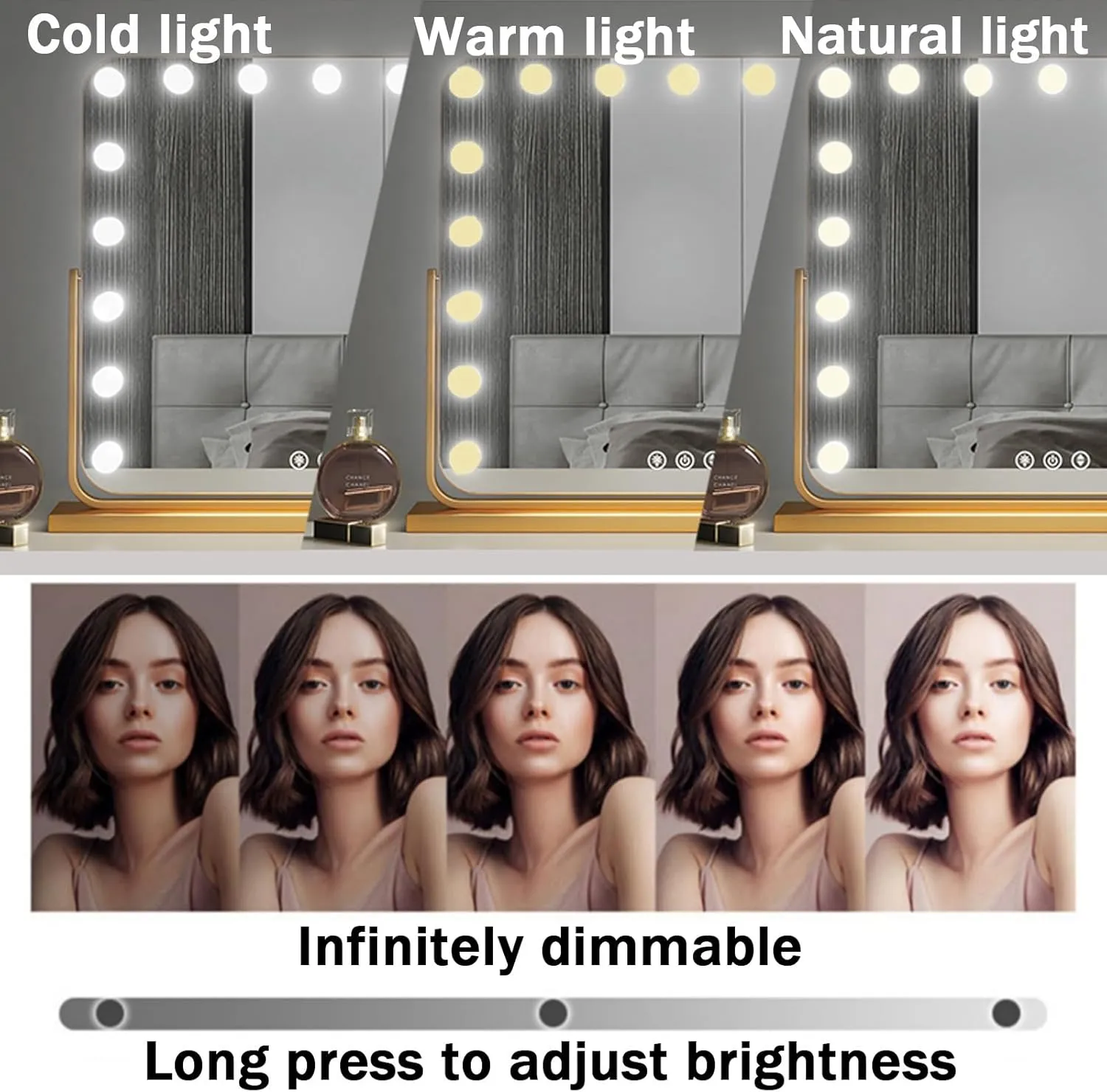 LED Desktop Makeup Mirror With Lights, Rectangular Makeup Mirror, Makeup Mirror With Lights Bulbs, Vanity Cosmetic Mirror With Touch Screen, 360°Rotating Cosmetic Mirror, 3-colour Light Source，black (