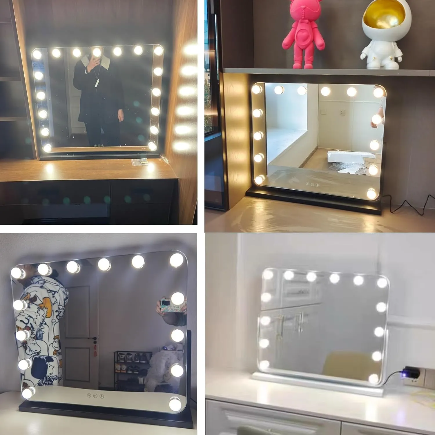 LED Desktop Makeup Mirror With Lights, Rectangular Makeup Mirror, Makeup Mirror With Lights Bulbs, Vanity Cosmetic Mirror With Touch Screen, 360°Rotating Cosmetic Mirror, 3-colour Light Source，black (