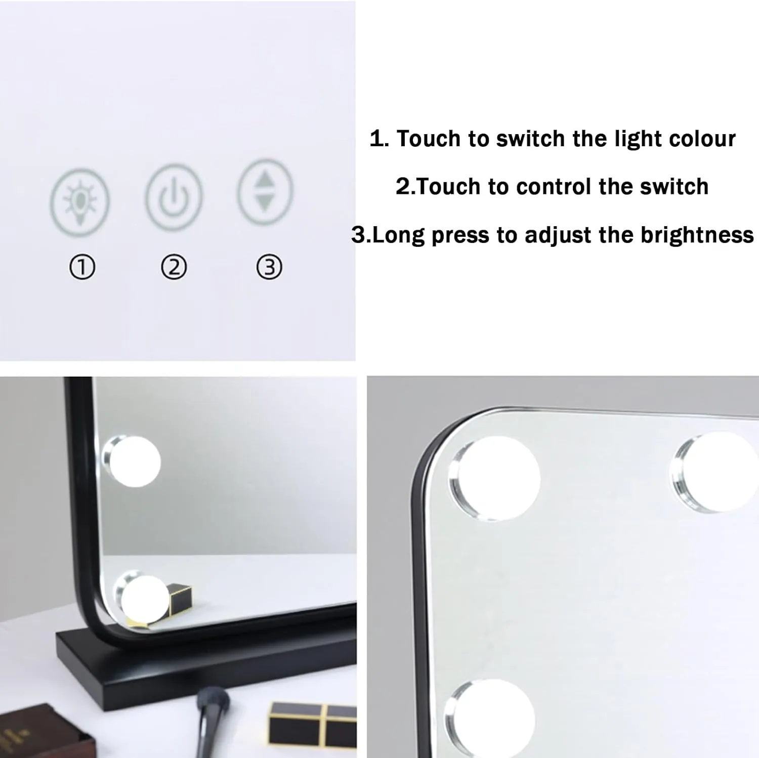 LED Desktop Makeup Mirror With Lights, Rectangular Makeup Mirror, Makeup Mirror With Lights Bulbs, Vanity Cosmetic Mirror With Touch Screen, 360°Rotating Cosmetic Mirror, 3-colour Light Source，black (