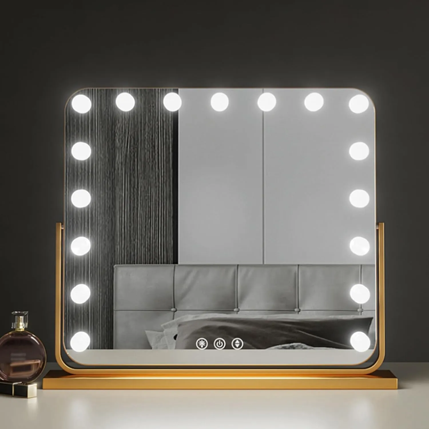 LED Desktop Makeup Mirror With Lights, Rectangular Makeup Mirror, Makeup Mirror With Lights Bulbs, Vanity Cosmetic Mirror With Touch Screen, 360°Rotating Cosmetic Mirror, 3-colour Light Source，black (