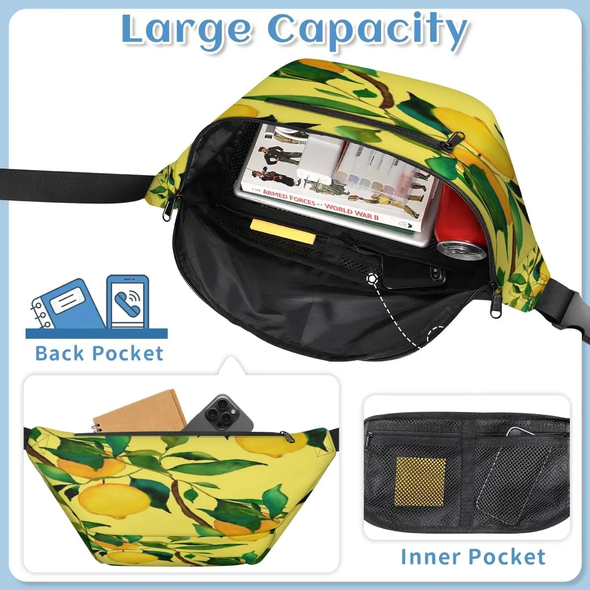 Lemon Citrus Fruits Crossbody Sling Bag for Women Men Crossbody Backpack with 4 Zipper Pockets Fanny Pack Shoulder Casual Daypack for Travel Running Hiking Cycling