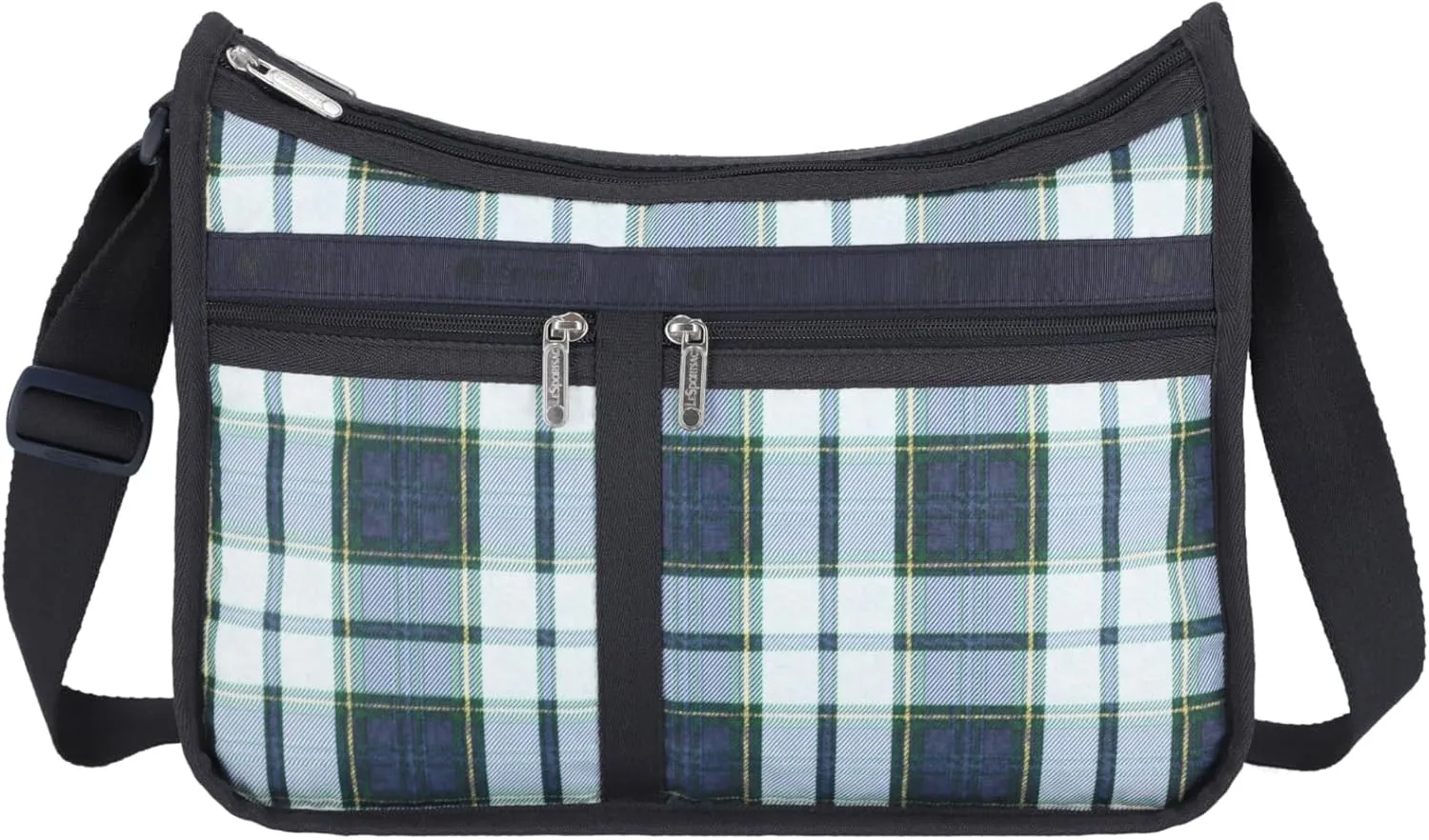 LeSportsac Deep Blue Tartan Deluxe Everyday Crossbody Bag   Cosmetic Bag, Style 7507/Color U298, Fashion Trending Bold Plaid in Navy, Sky Blue, Forest Green & Yellow, Subtle Sheen, Recycled Collection