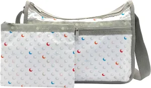 LeSportsac Sunlit Bubbles Deluxe Everyday Crossbody Bag   Cosmetic Bag, Style 7507/Color E553, Crisp White w Playful Bubbles, Vibrant Shades of Red, Blue, Orange, Muted Shades of Pink, Lt Blue & Khaki