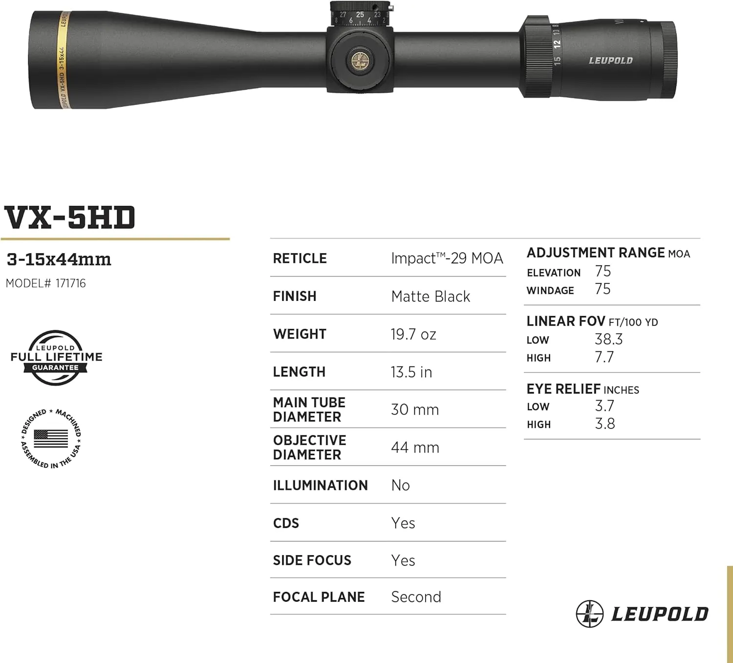 Leupold VX-5HD 3-15x44mm Side Focus Riflescope