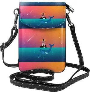 Lighthouse and Whale Print Small Crossbody Bags for Women Leather Cell Phone Purses Mini Leather Shoulder Handbag Adjustable Strap