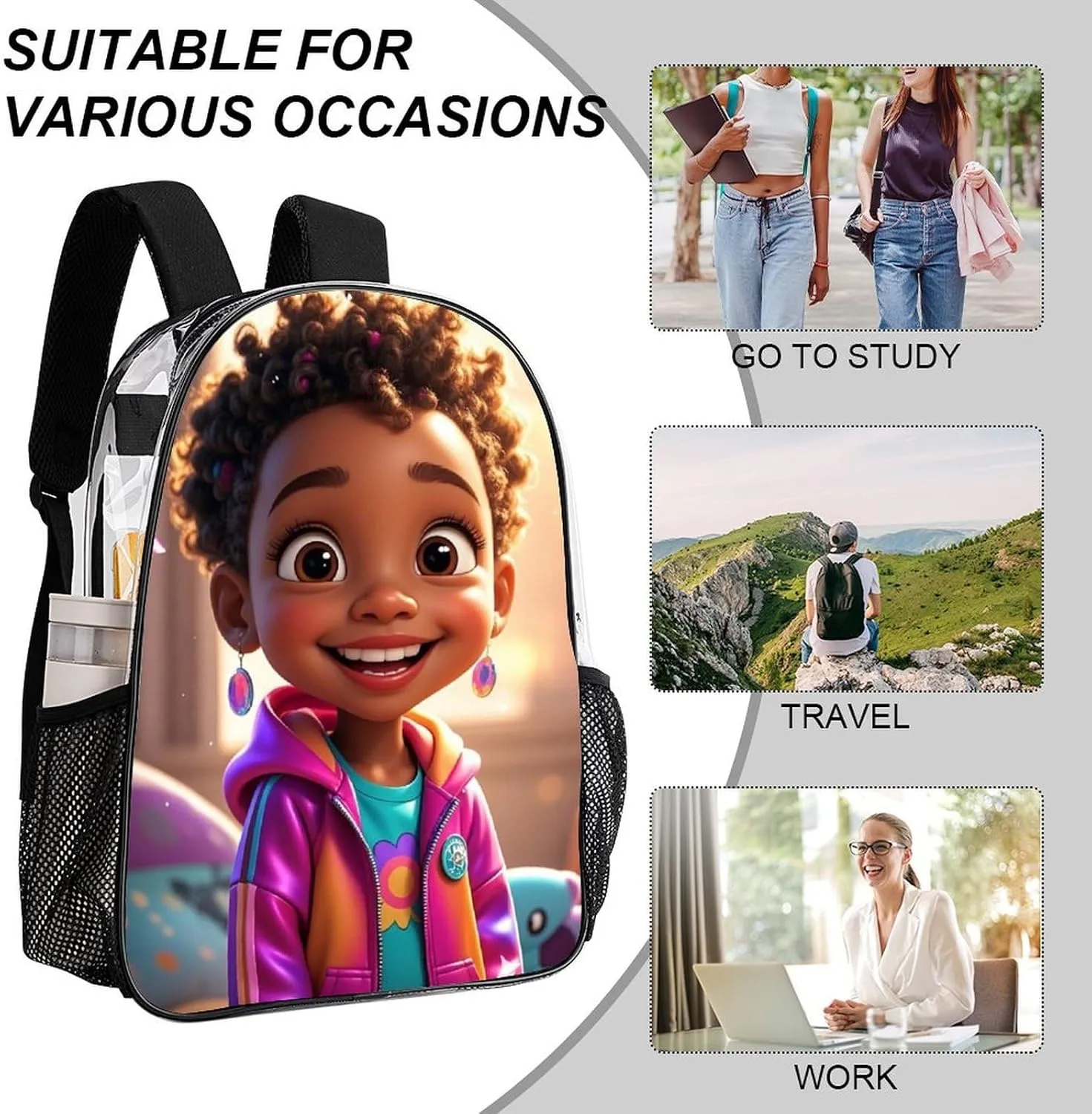 Lightweight Daypack Backpack for Sports Travel Running - Large Capacity Multipurpose Transparent Bookbag, Cartoon Afro American Black Women Art Laptop Backpack Daypack