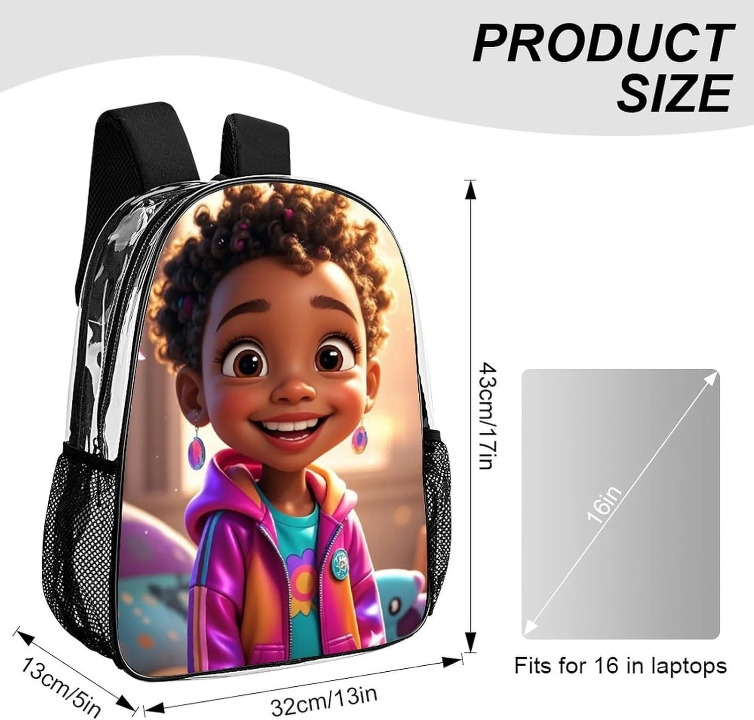 Lightweight Daypack Backpack for Sports Travel Running - Large Capacity Multipurpose Transparent Bookbag, Cartoon Afro American Black Women Art Laptop Backpack Daypack