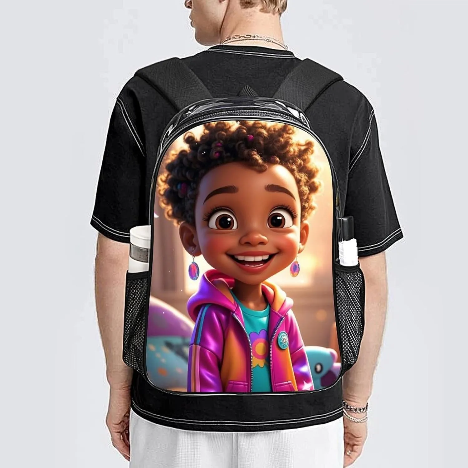 Lightweight Daypack Backpack for Sports Travel Running - Large Capacity Multipurpose Transparent Bookbag, Cartoon Afro American Black Women Art Laptop Backpack Daypack