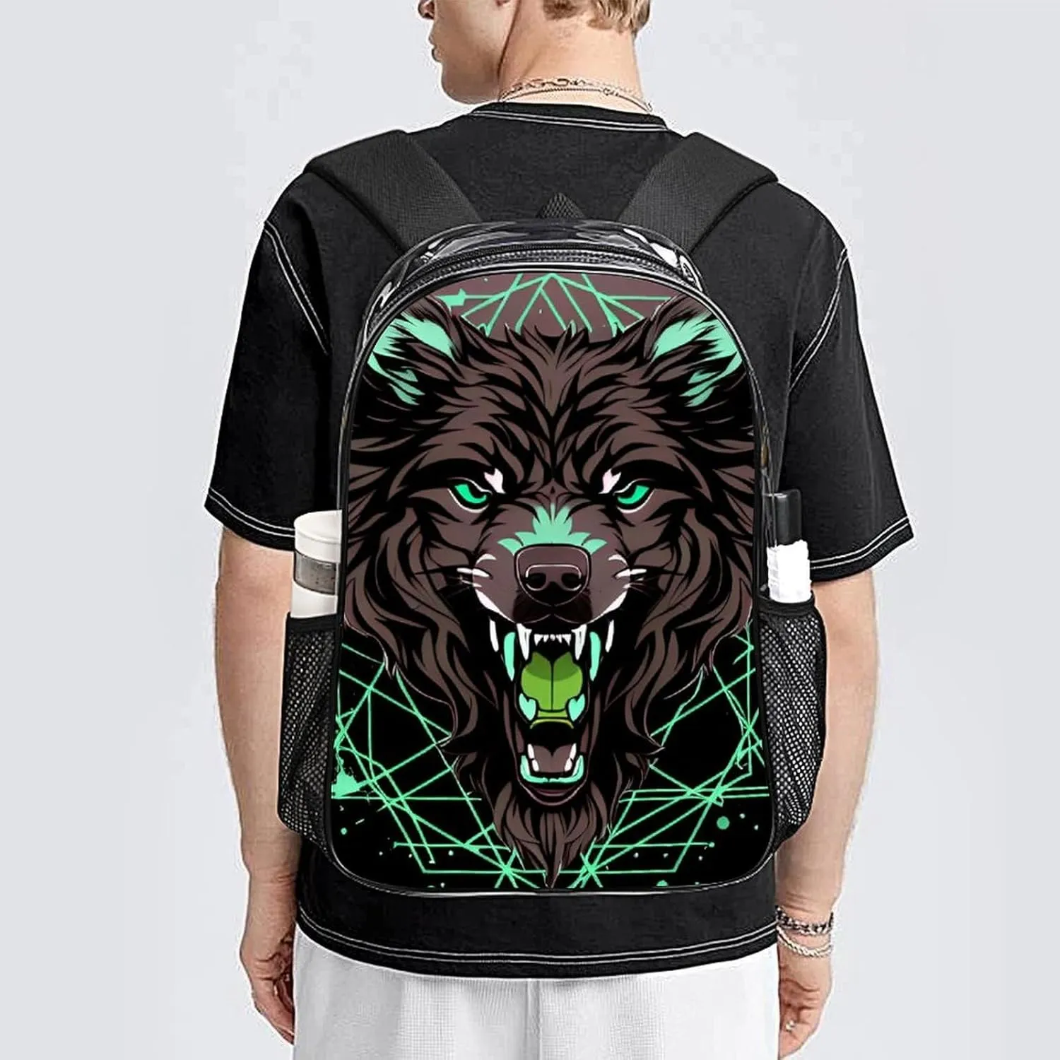 Lightweight Daypack Bookbag for Trekking Business Walking Cycling - Big Capacity Transparent Multipurpose Carry On Bag, Wild Wolf Head Art Business Computer Bag