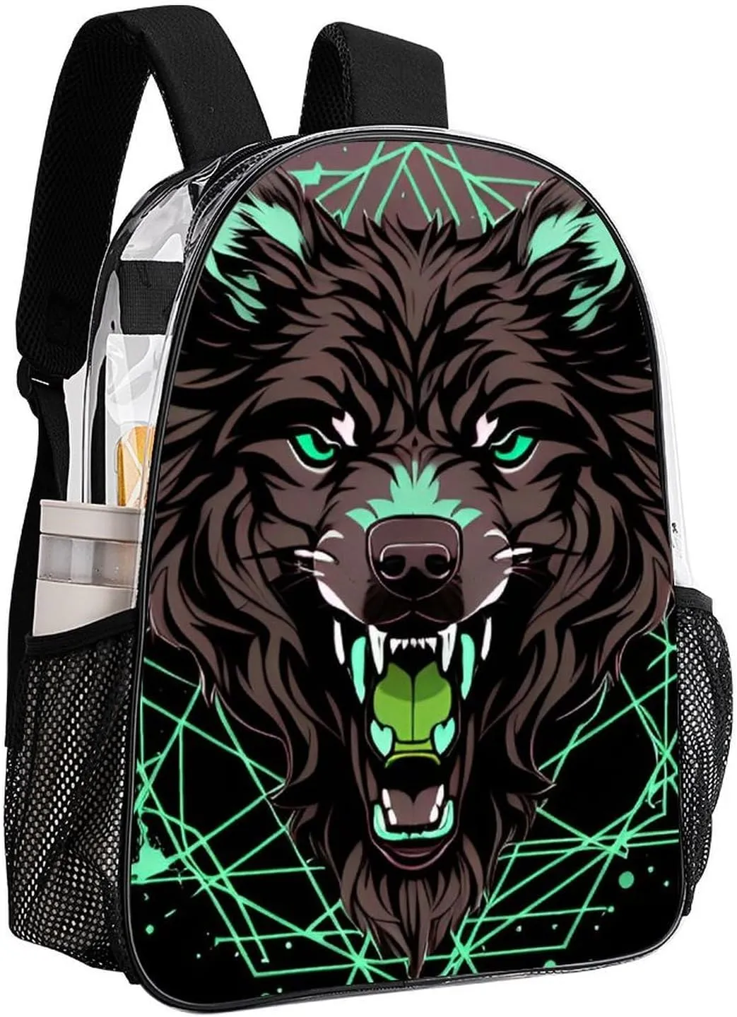 Lightweight Daypack Bookbag for Trekking Business Walking Cycling - Big Capacity Transparent Multipurpose Carry On Bag, Wild Wolf Head Art Business Computer Bag