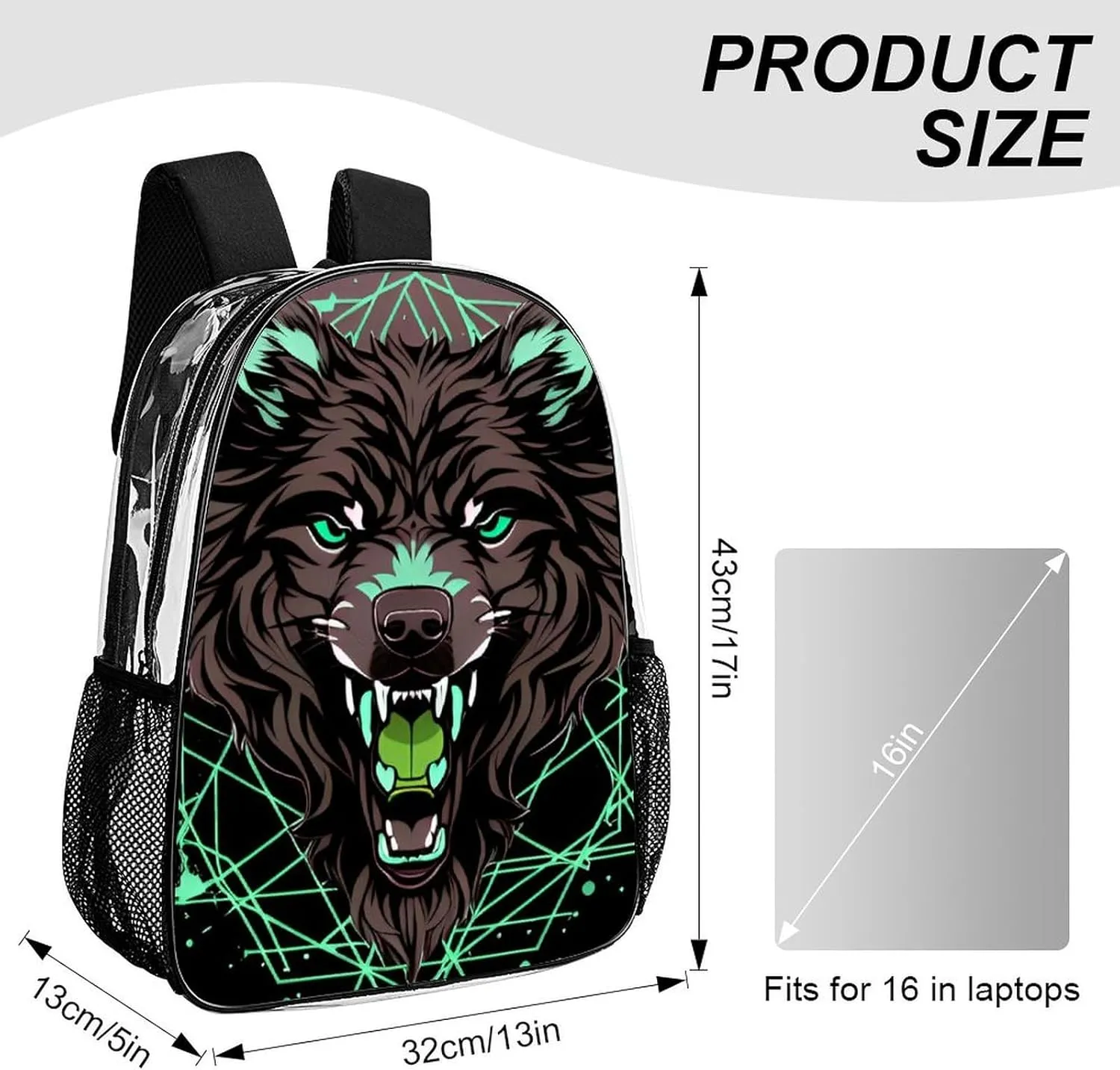 Lightweight Daypack Bookbag for Trekking Business Walking Cycling - Big Capacity Transparent Multipurpose Carry On Bag, Wild Wolf Head Art Business Computer Bag