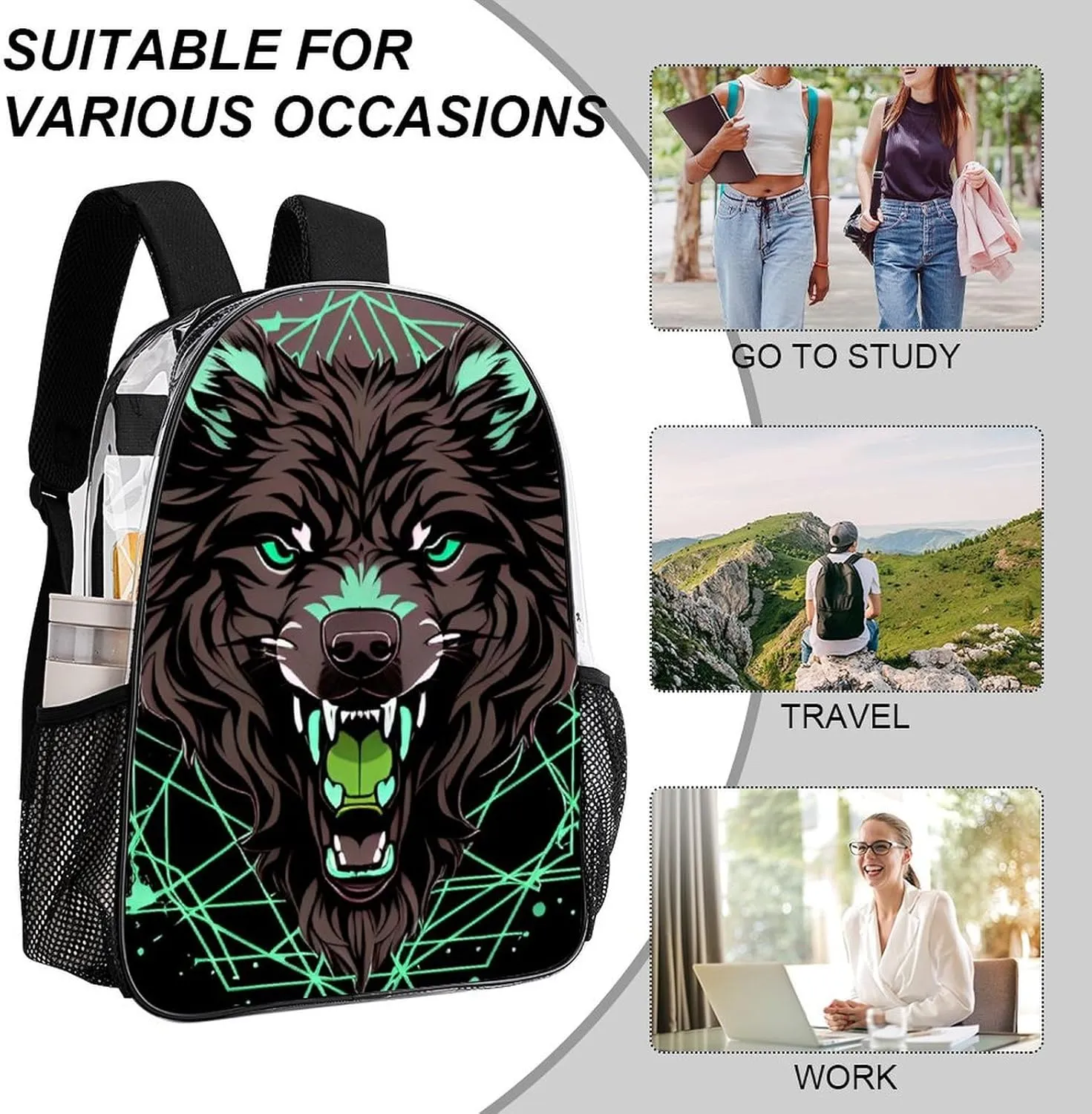 Lightweight Daypack Bookbag for Trekking Business Walking Cycling - Big Capacity Transparent Multipurpose Carry On Bag, Wild Wolf Head Art Business Computer Bag