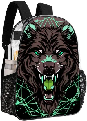 Lightweight Daypack Bookbag for Trekking Business Walking Cycling - Big Capacity Transparent Multipurpose Carry On Bag, Wild Wolf Head Art Business Computer Bag