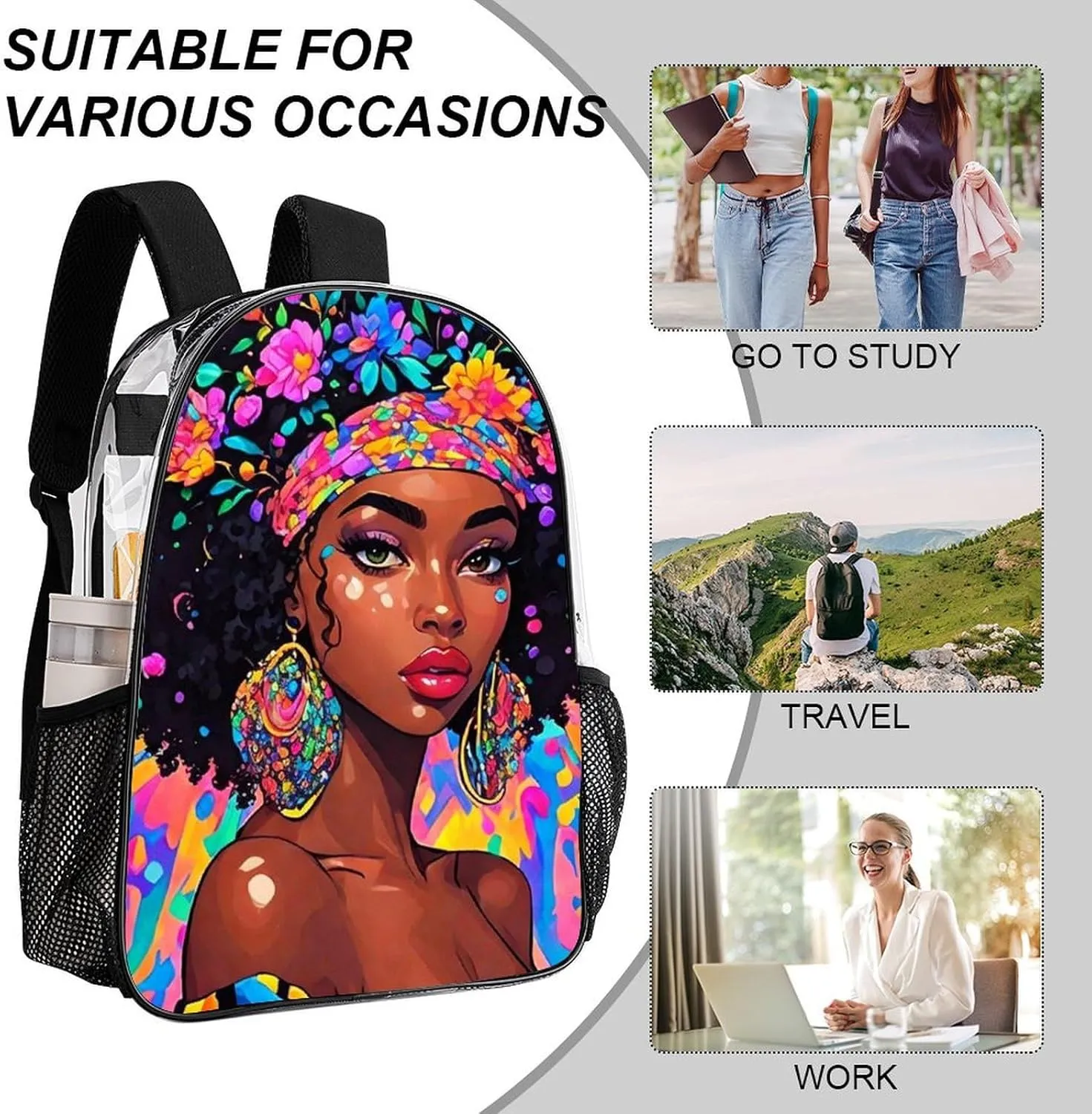 Lightweight Daypack for Camping Business Walking Cycling - Large Capacity Transparent Multipurpose Bookbag, Afro Women African American Black Women Floral Art Gym Outdoor Hiking Backpack