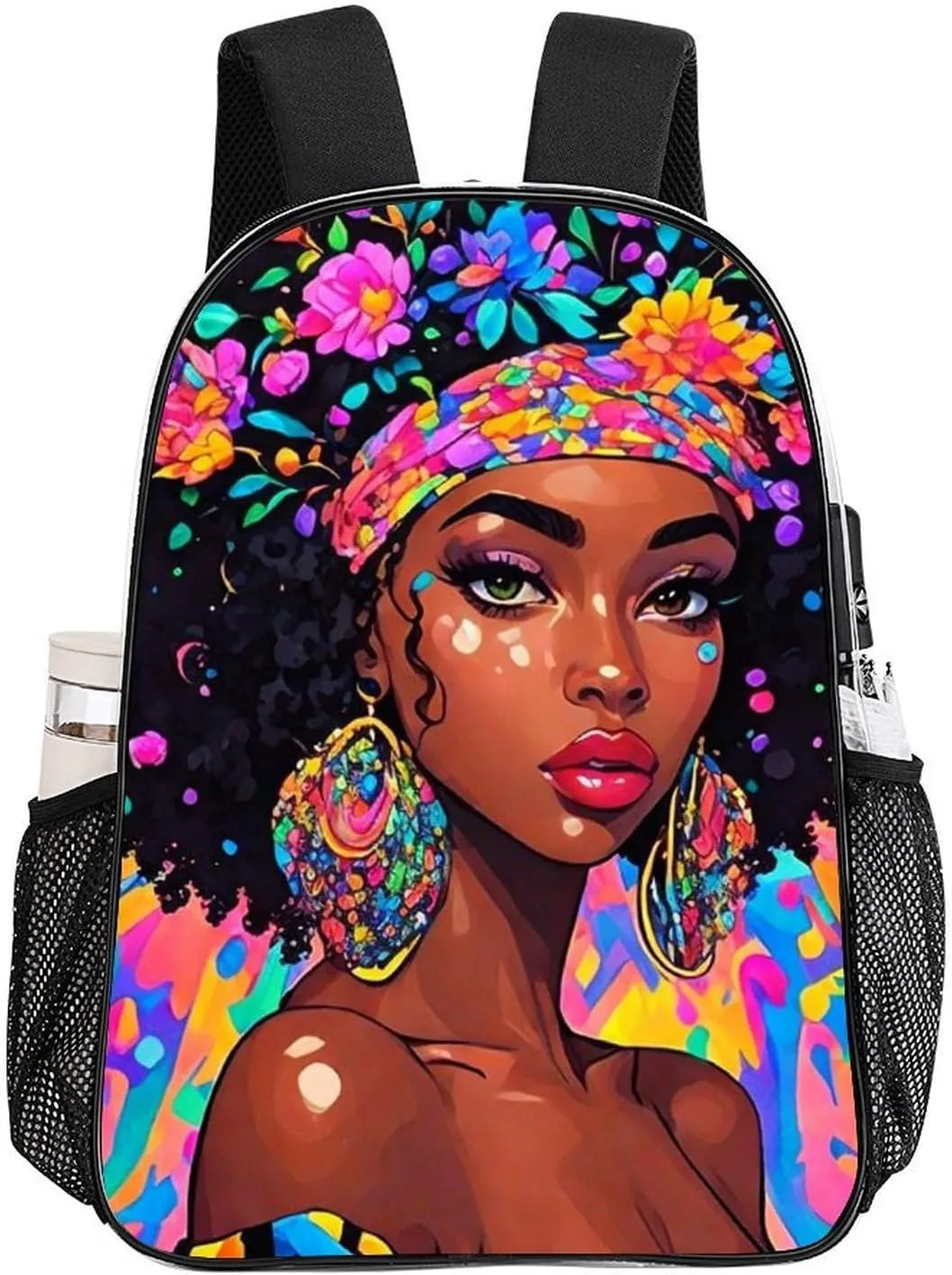 Lightweight Daypack for Camping Business Walking Cycling - Large Capacity Transparent Multipurpose Bookbag, Afro Women African American Black Women Floral Art Gym Outdoor Hiking Backpack