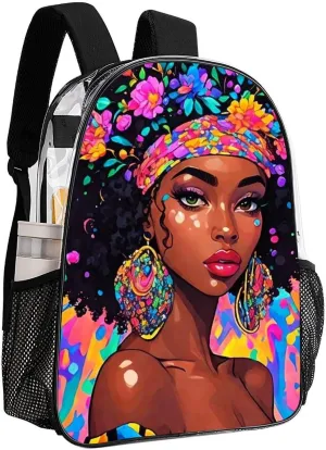 Lightweight Daypack for Camping Business Walking Cycling - Large Capacity Transparent Multipurpose Bookbag, Afro Women African American Black Women Floral Art Gym Outdoor Hiking Backpack