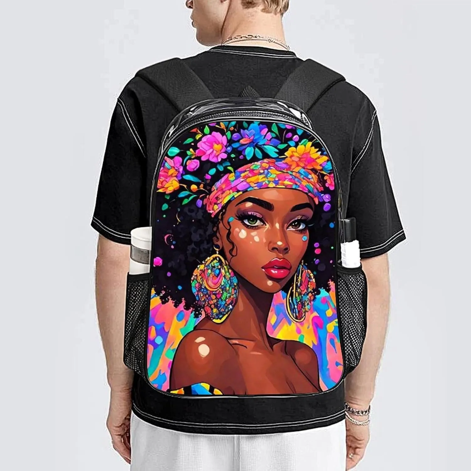 Lightweight Daypack for Camping Business Walking Cycling - Large Capacity Transparent Multipurpose Bookbag, Afro Women African American Black Women Floral Art Gym Outdoor Hiking Backpack