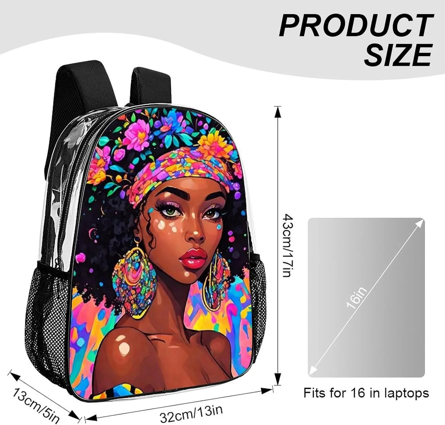 Lightweight Daypack for Camping Business Walking Cycling - Large Capacity Transparent Multipurpose Bookbag, Afro Women African American Black Women Floral Art Gym Outdoor Hiking Backpack
