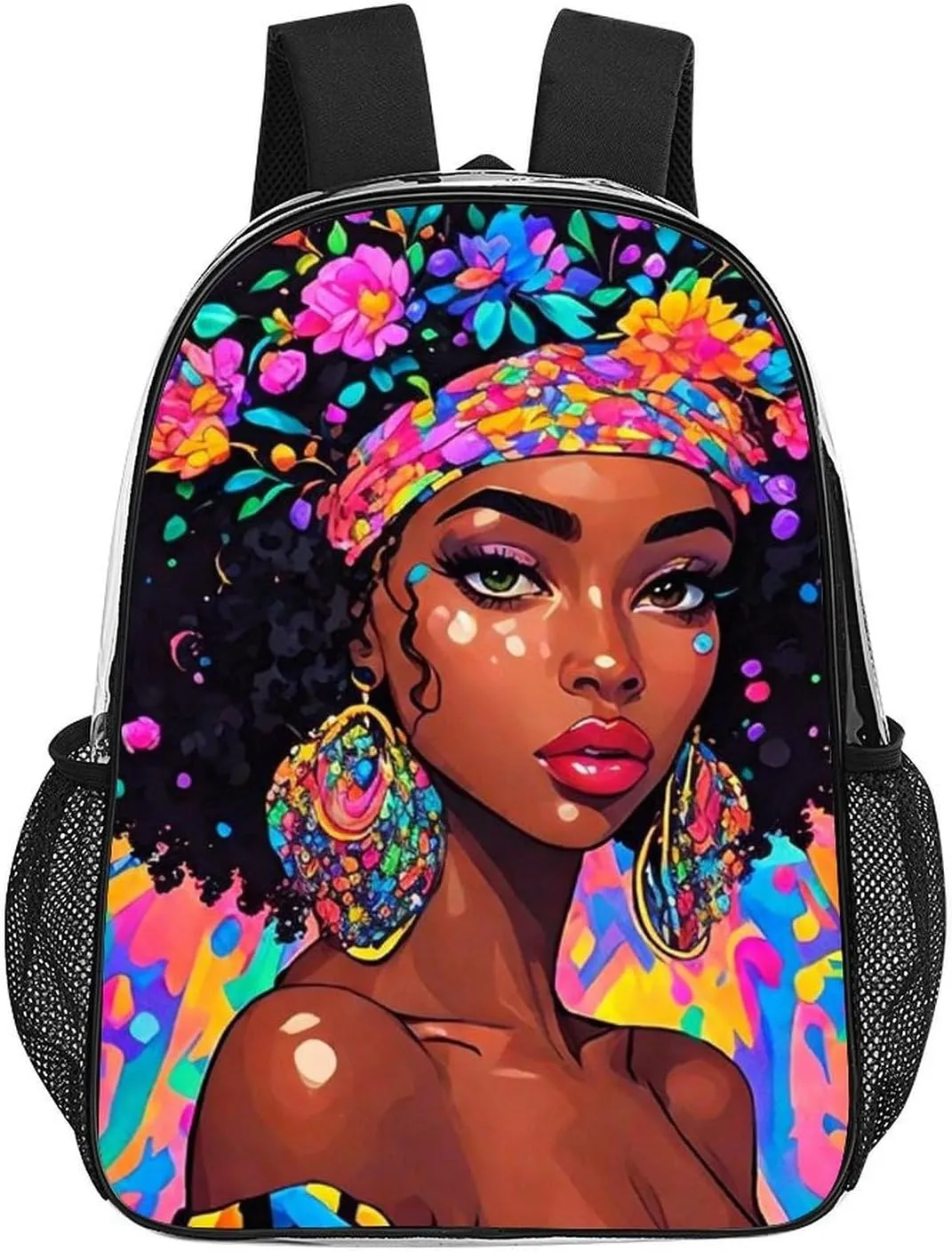 Lightweight Daypack for Camping Business Walking Cycling - Large Capacity Transparent Multipurpose Bookbag, Afro Women African American Black Women Floral Art Gym Outdoor Hiking Backpack