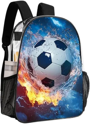 Lightweight Rucksack for Sports Travel Running - Big Capacity Multipurpose Transparent Bookbag, Cool Water Fire Flame Soccer Football Print Travel and Sport Backpack Rucksack