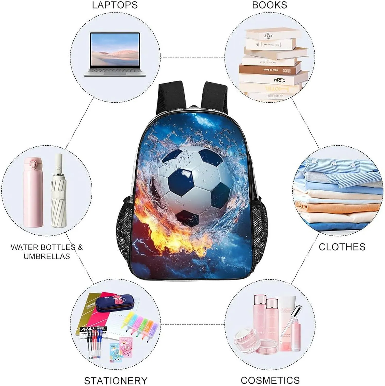 Lightweight Rucksack for Sports Travel Running - Big Capacity Multipurpose Transparent Bookbag, Cool Water Fire Flame Soccer Football Print Travel and Sport Backpack Rucksack