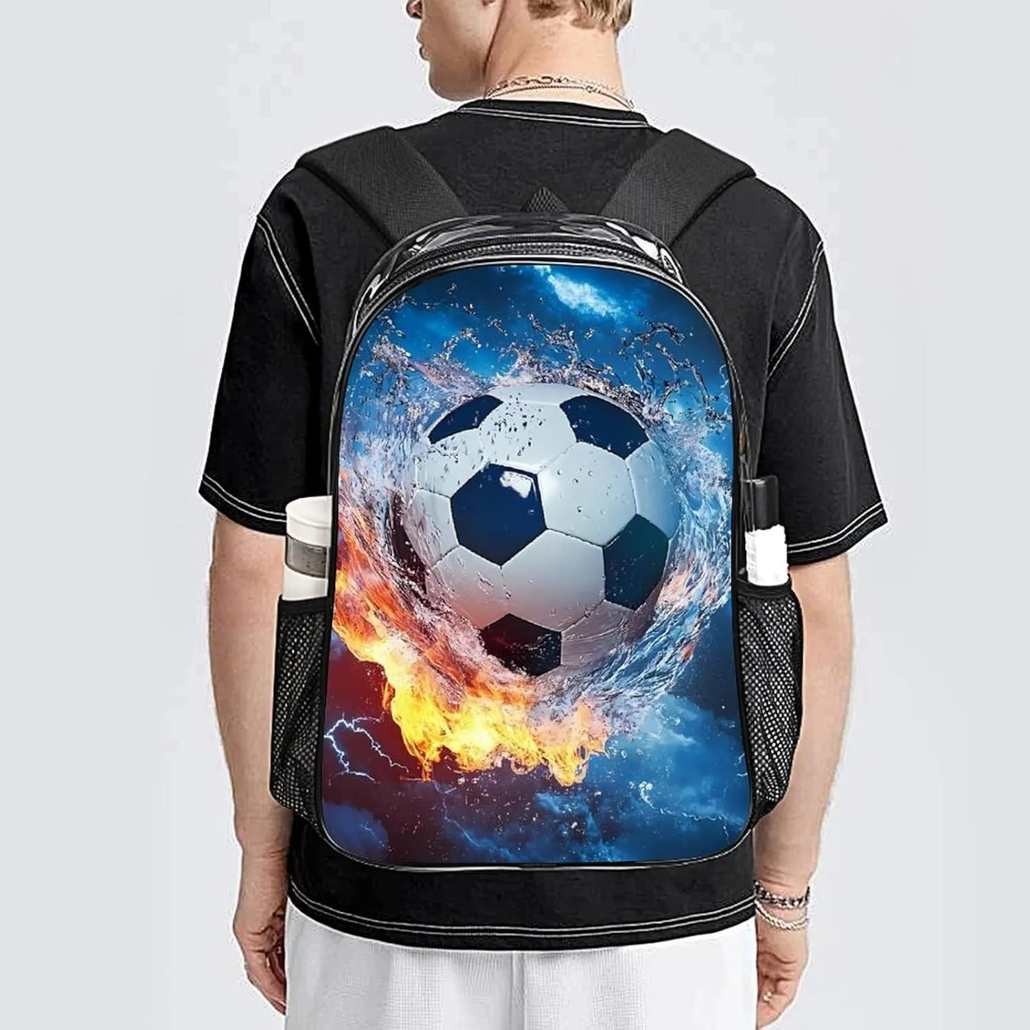 Lightweight Rucksack for Sports Travel Running - Big Capacity Multipurpose Transparent Bookbag, Cool Water Fire Flame Soccer Football Print Travel and Sport Backpack Rucksack