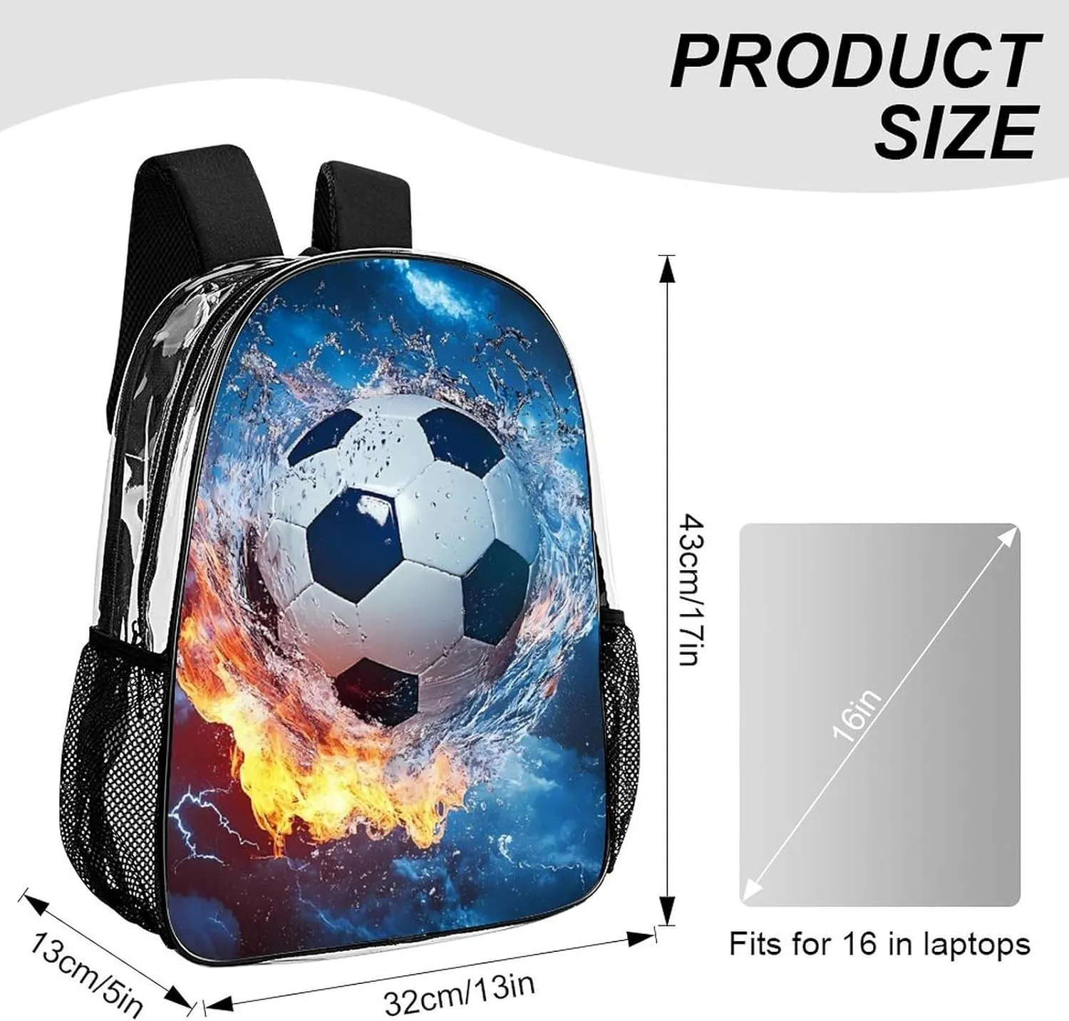 Lightweight Rucksack for Sports Travel Running - Big Capacity Multipurpose Transparent Bookbag, Cool Water Fire Flame Soccer Football Print Travel and Sport Backpack Rucksack