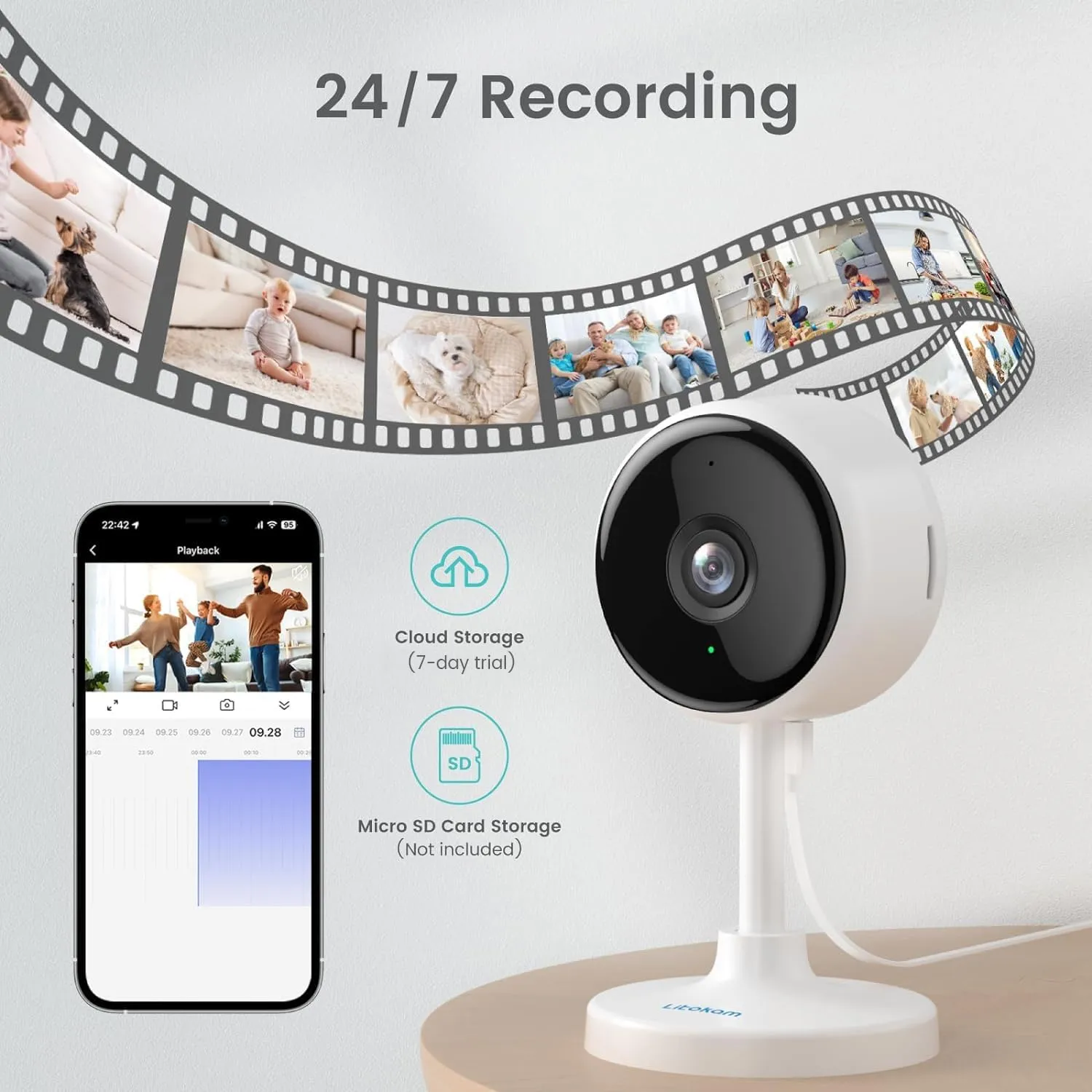 litokam Indoor Cameras for Home Security with Night Vision, Pet Camera with Phone App, 2K Indoor Security Cam, Motion Detection, 2-Way Audio, WiFi Home Camara Compatible with Alexa