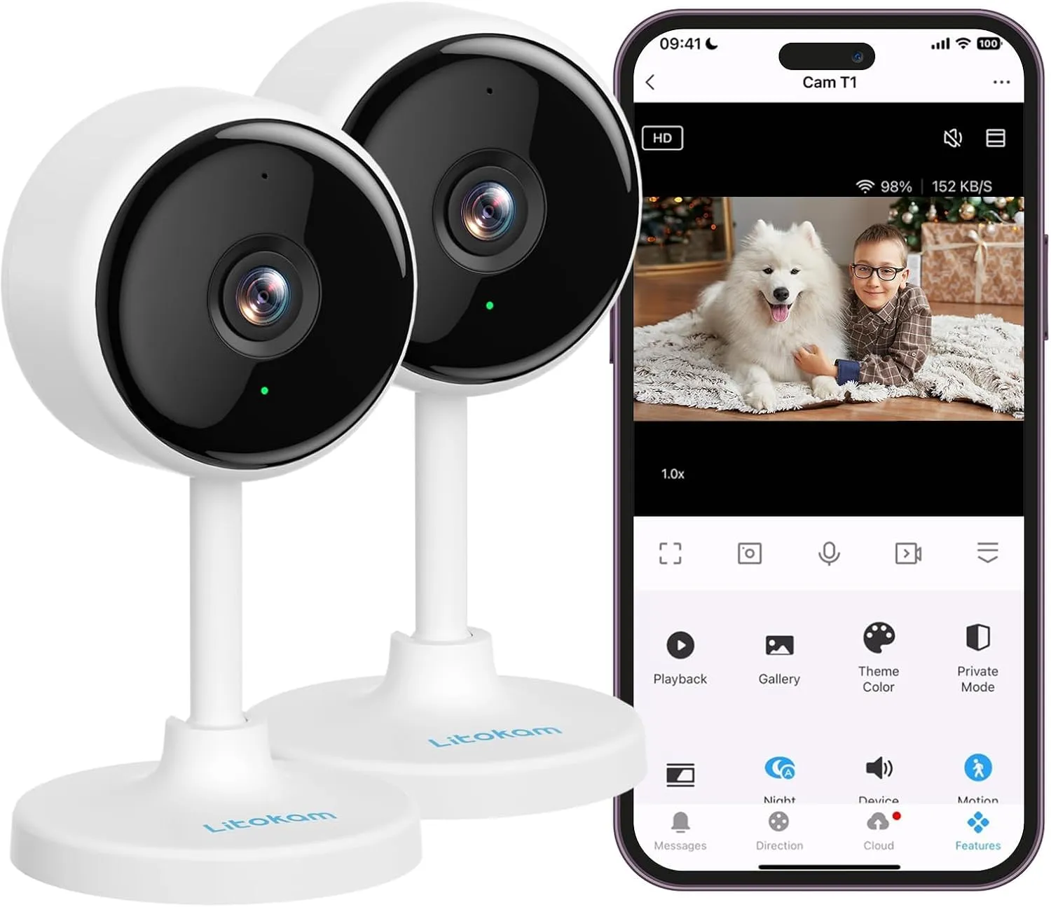 litokam Indoor Cameras for Home Security with Night Vision, Pet Camera with Phone App, 2K Indoor Security Cam, Motion Detection, 2-Way Audio, WiFi Home Camara Compatible with Alexa