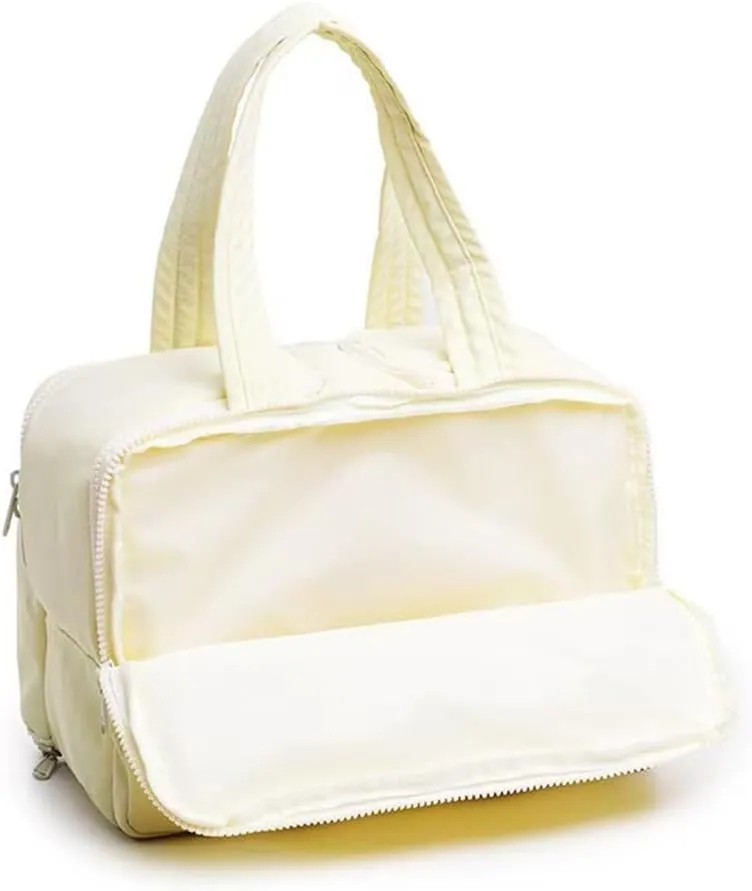 LONGLUAN Curetoaway Travel Cosmetic Bag, Meonsopoli Large Capacity Wide-Open Travel Cosmetic Bag for Women with 4 Compartments, Lightweight Waterproof (Beige)