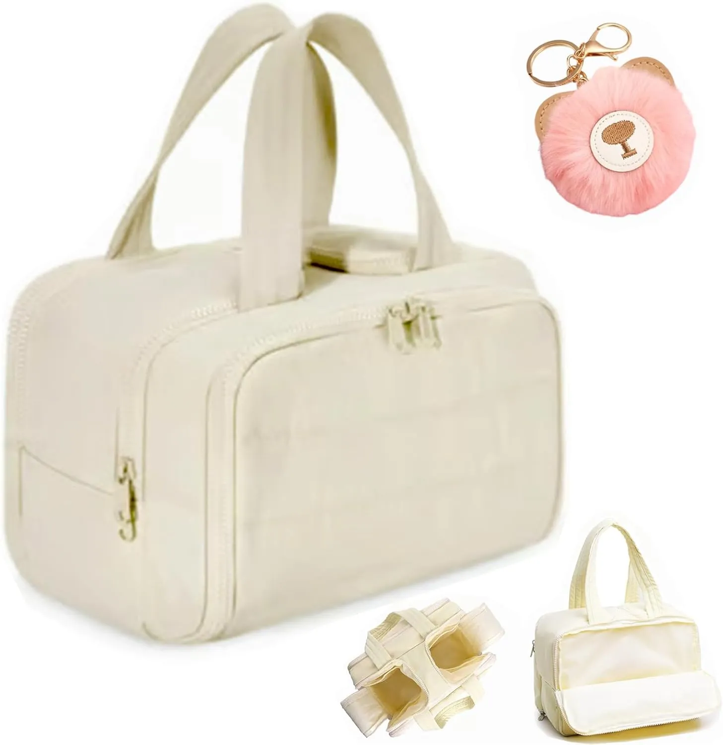 LONGLUAN Curetoaway Travel Cosmetic Bag, Meonsopoli Large Capacity Wide-Open Travel Cosmetic Bag for Women with 4 Compartments, Lightweight Waterproof (Beige)