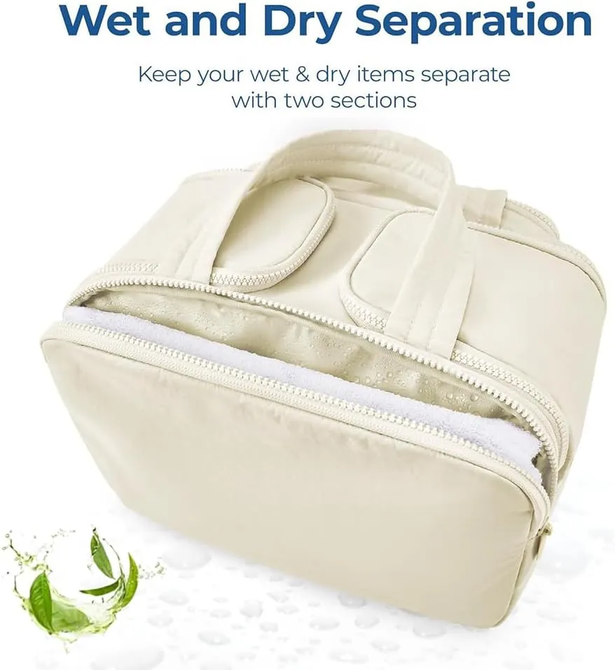 LONGLUAN Curetoaway Travel Cosmetic Bag, Meonsopoli Large Capacity Wide-Open Travel Cosmetic Bag for Women with 4 Compartments, Lightweight Waterproof (Beige)