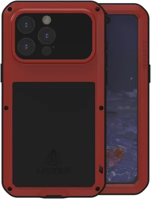 LOVE MEI Compatible with iPhone 15 Pro Max Case, Military Heavy Duty Shockproof Dust/Dirt Proof Waterproof Hybrid Aluminum Metal Silicone Tempered Glass Full Body Case Hard Cover (Red)