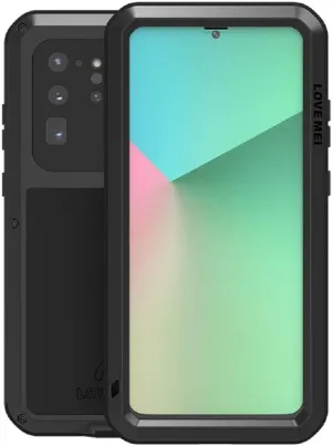 LOVE MEI Compatible with Samsung Galaxy S20 Ultra Case, Shockproof Anti-Scratch Hybrid Aluminum Metal and Silicone Gel Heavy Duty Tank Case with Tempered Glass Screen Protector for S20 Ultra (Black)