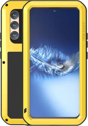 LOVE MEI Compatible with Samsung Galaxy S22 Plus Case, Outdoor Sports Waterproof Military Heavy Duty Shockproof Dust/Dirt Proof Hybrid Aluminum Metal Silicone Tempered Glass Case Hard Cover (Yellow)