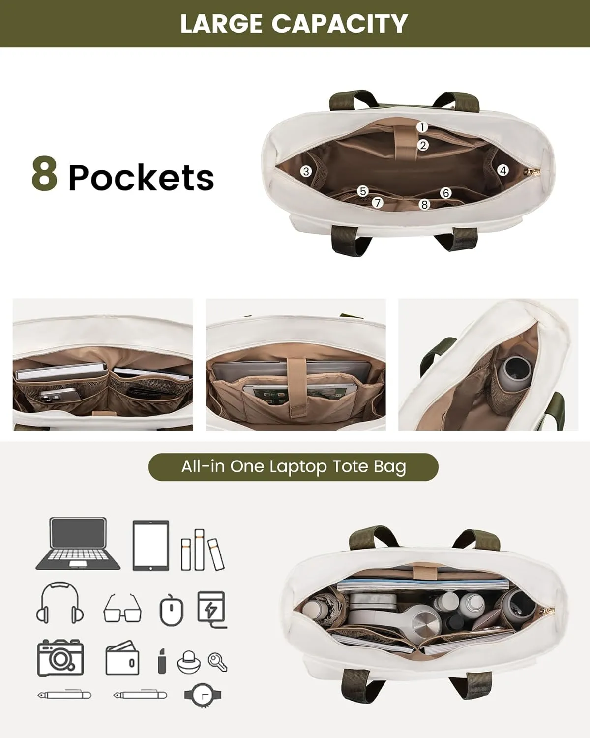 LOVEVOOK Laptop Bag for Women 15.6 Inch Laptop Tote Bag Large Capacity Work Bags Mutiple Pockets Teacher Bags with Removable Strap Water Resistant Computer Bag for Business Travel Nurse, Green Beige