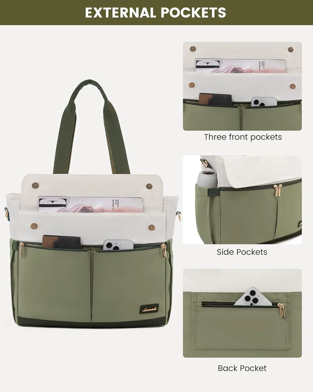 LOVEVOOK Laptop Bag for Women 15.6 Inch Laptop Tote Bag Large Capacity Work Bags Mutiple Pockets Teacher Bags with Removable Strap Water Resistant Computer Bag for Business Travel Nurse, Green Beige