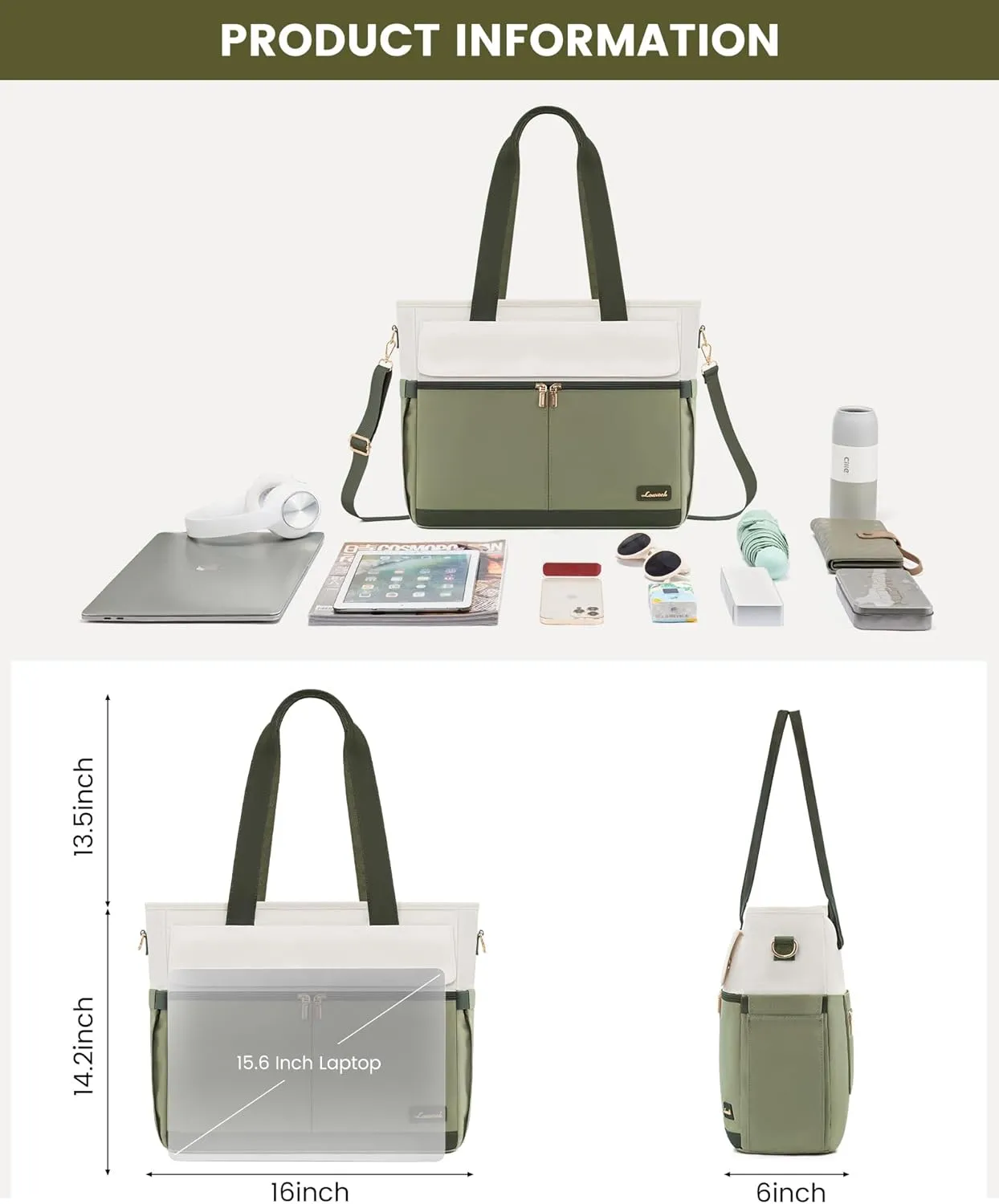 LOVEVOOK Laptop Bag for Women 15.6 Inch Laptop Tote Bag Large Capacity Work Bags Mutiple Pockets Teacher Bags with Removable Strap Water Resistant Computer Bag for Business Travel Nurse, Green Beige