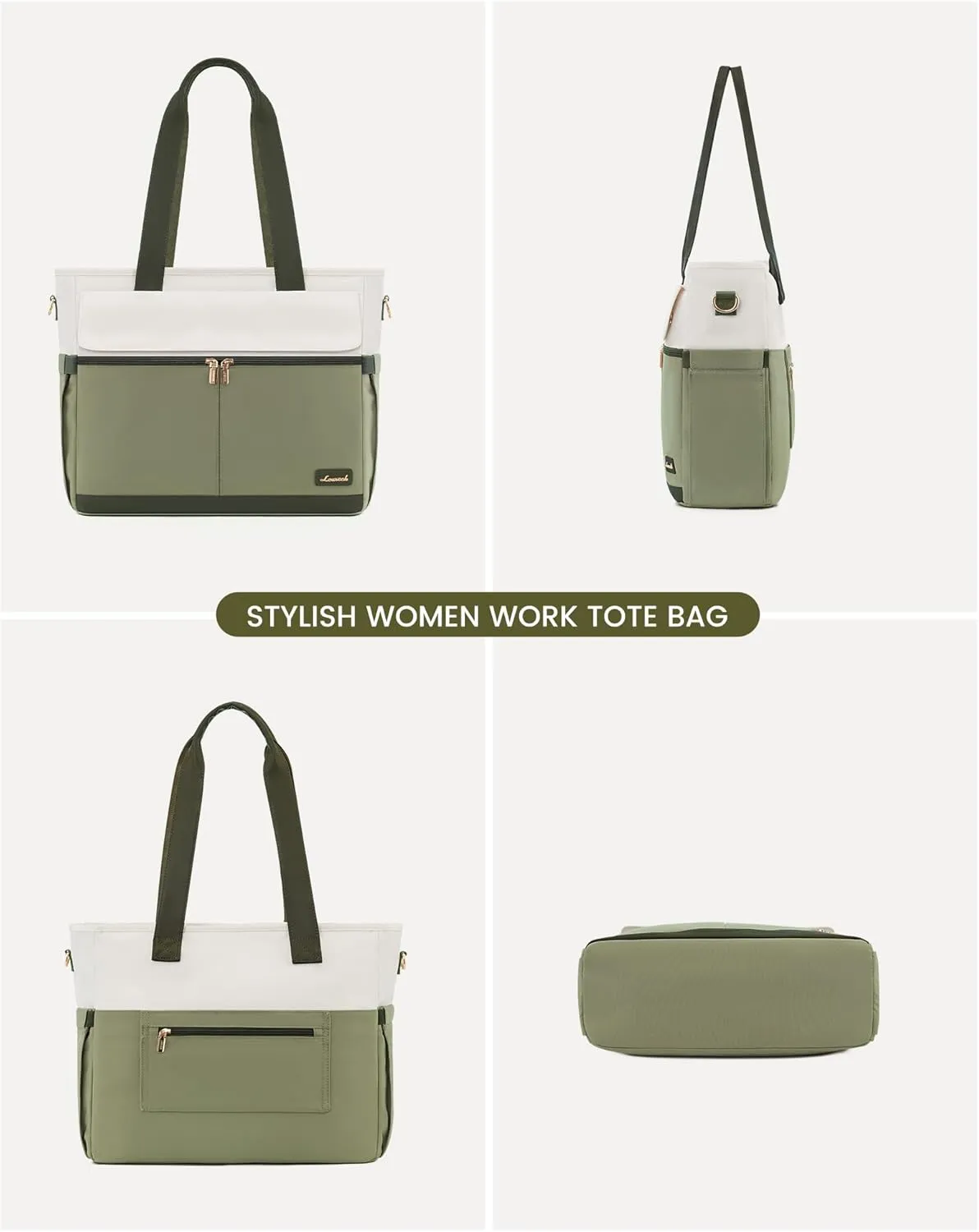 LOVEVOOK Laptop Bag for Women 15.6 Inch Laptop Tote Bag Large Capacity Work Bags Mutiple Pockets Teacher Bags with Removable Strap Water Resistant Computer Bag for Business Travel Nurse, Green Beige