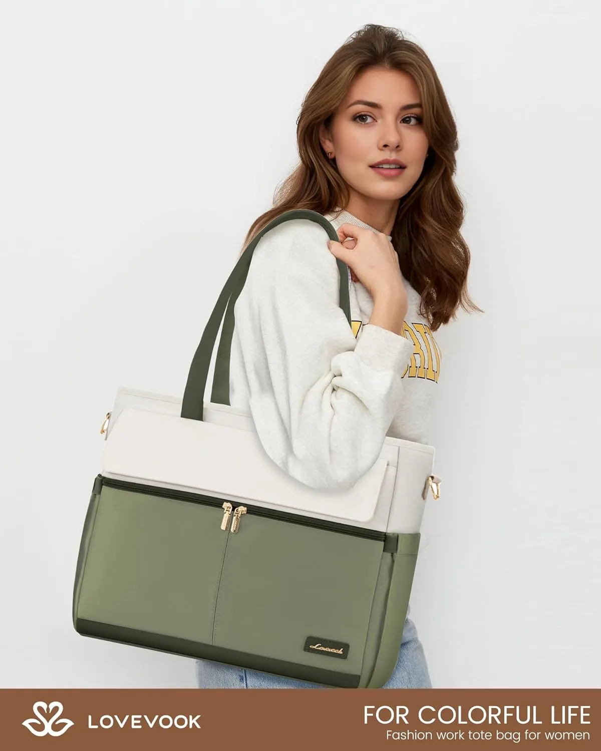 LOVEVOOK Laptop Bag for Women 15.6 Inch Laptop Tote Bag Large Capacity Work Bags Mutiple Pockets Teacher Bags with Removable Strap Water Resistant Computer Bag for Business Travel Nurse, Green Beige