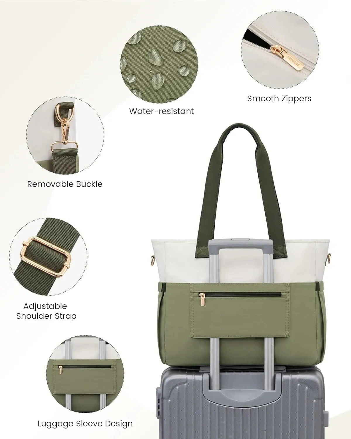 LOVEVOOK Laptop Bag for Women 15.6 Inch Laptop Tote Bag Large Capacity Work Bags Mutiple Pockets Teacher Bags with Removable Strap Water Resistant Computer Bag for Business Travel Nurse, Green Beige