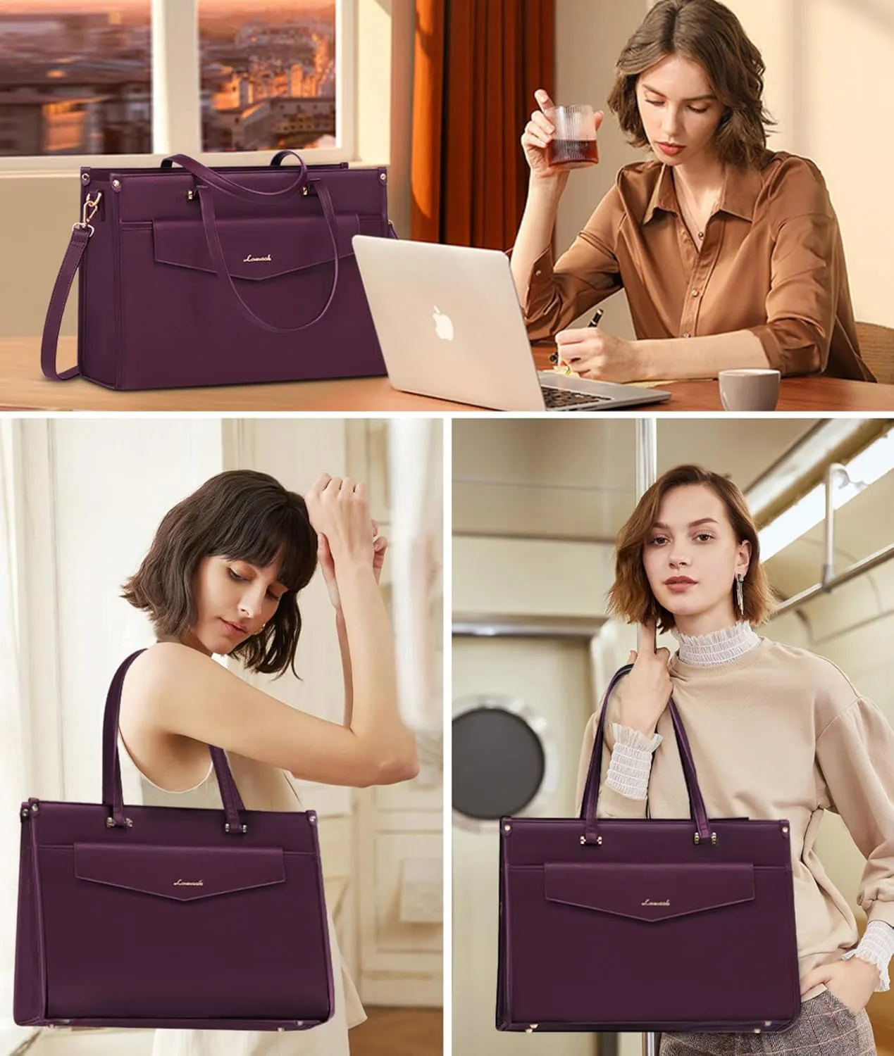 LOVEVOOK Laptop Bag for Women, 15.6'' Laptop Tote Purse 2-in-1 Professional Work Bag Business Briefcase with Clutch Purse, Waterproof Leather Computer Handbag for Teacher Office Travel