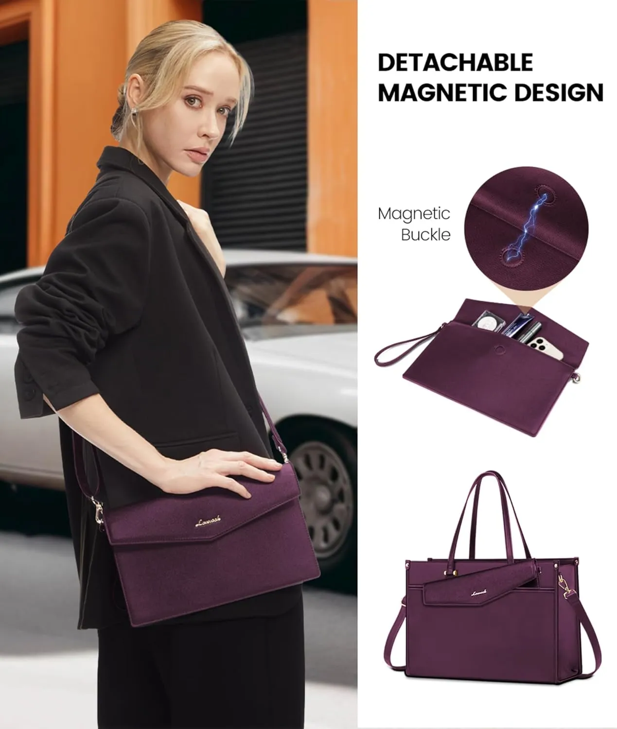 LOVEVOOK Laptop Bag for Women, 15.6'' Laptop Tote Purse 2-in-1 Professional Work Bag Business Briefcase with Clutch Purse, Waterproof Leather Computer Handbag for Teacher Office Travel