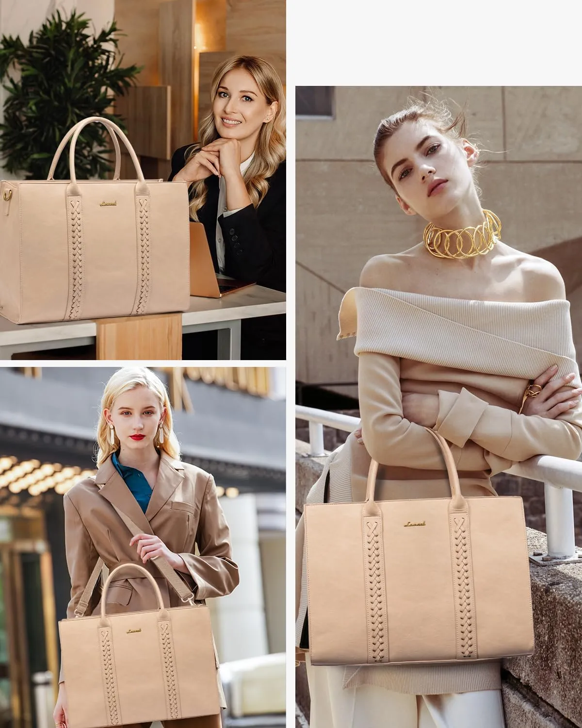LOVEVOOK Laptop Tote Bag for Women, Vintage Leather Work Bags 15.6 inch Laptop Bag, Waterproof Computer Bag Business Office Briefcase, Beige