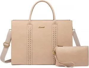 LOVEVOOK Laptop Tote Bag for Women, Vintage Leather Work Bags 15.6 inch Laptop Bag, Waterproof Computer Bag Business Office Briefcase, Beige