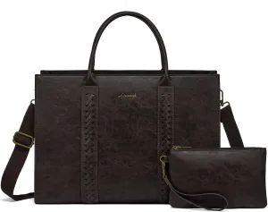 LOVEVOOK Laptop Tote Bag for Women, Vintage Leather Work Bags 15.6 inch Laptop Bag, Waterproof Computer Bag Business Office Briefcase, Coffee