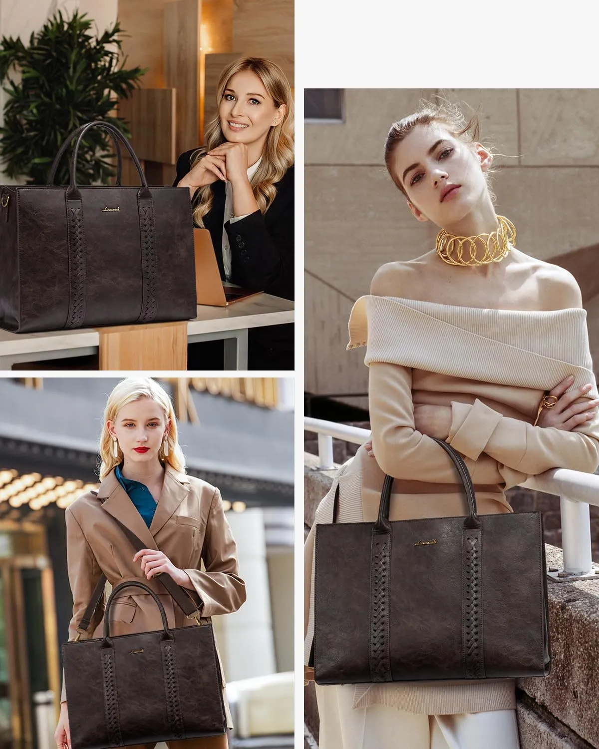 LOVEVOOK Laptop Tote Bag for Women, Vintage Leather Work Bags 15.6 inch Laptop Bag, Waterproof Computer Bag Business Office Briefcase, Coffee