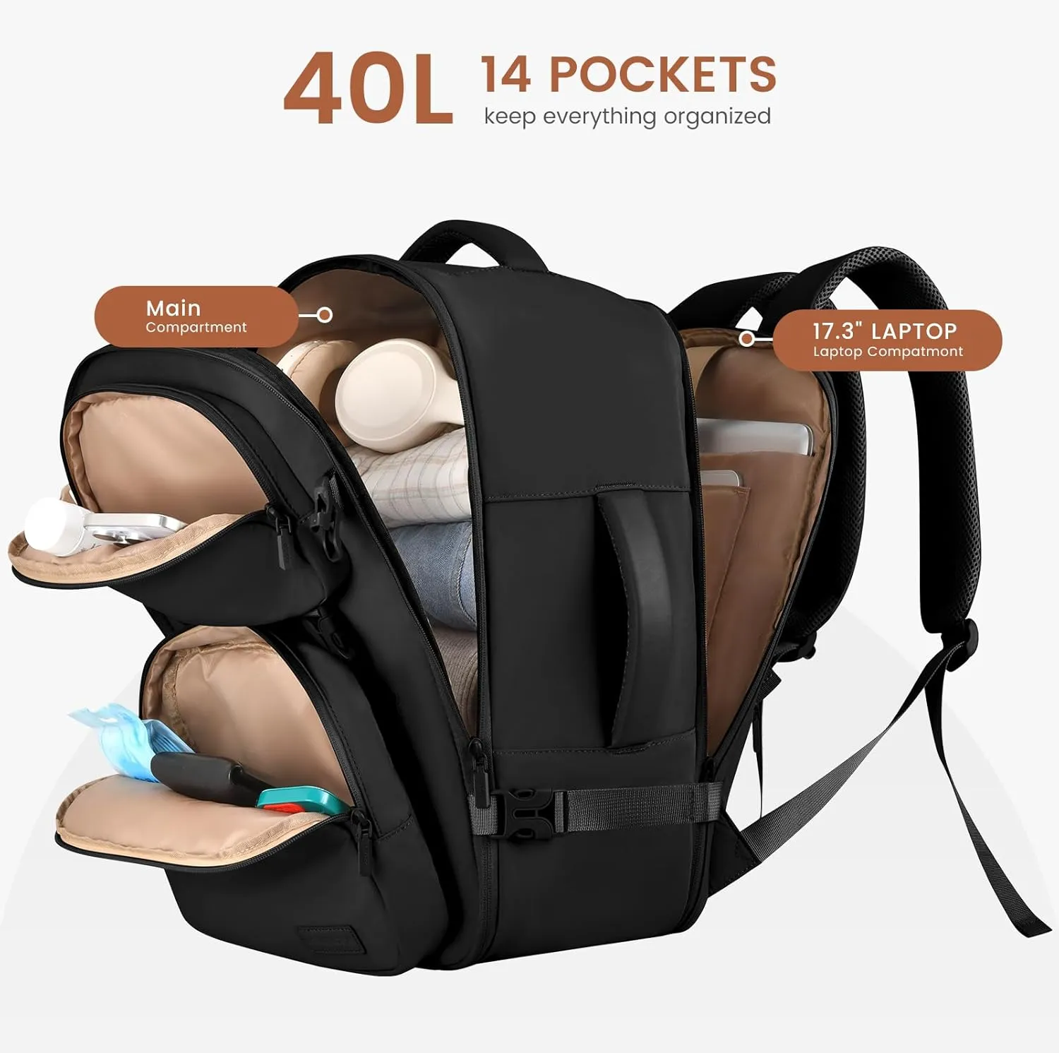 LOVEVOOK Travel Backpack for Women Men, TSA Carry on Backpack Flight Approved 40L Fits 17 Inch Laptop, Waterproof Personal Item Travel Bag Business Weekender Daypack with Detachable Crossbody Bag
