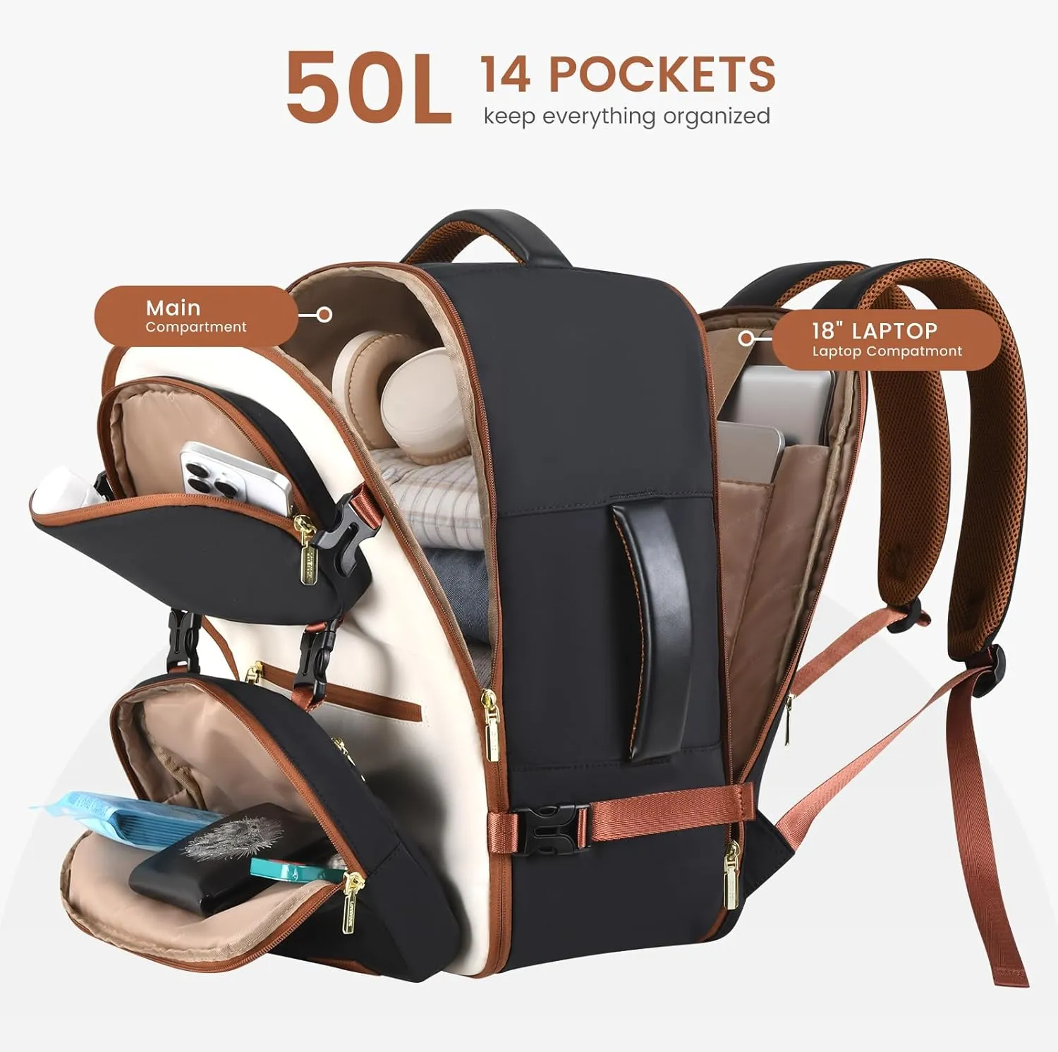 LOVEVOOK Travel Backpack for Women Men, TSA Carry on Backpack Flight Approved 50L Fits 18 Inch Laptop, Waterproof Personal Item Travel Bag Business Weekender Daypack with Detachable Crossbody Bag